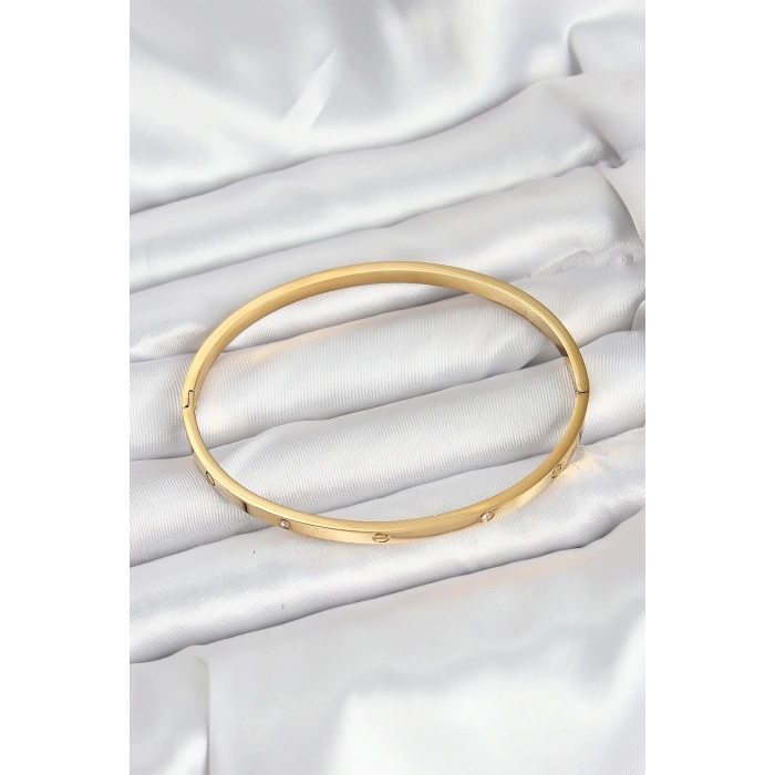 316L Çelik Gold Renk Zirkon Taşlı 65 mm İnce Kadın Kelepçe Bileklik