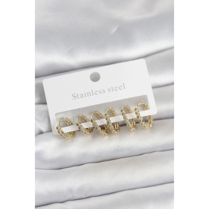 316L Çelik Gold Renk Zirkon Taşlı Halka Model Kadın Küpe Seti