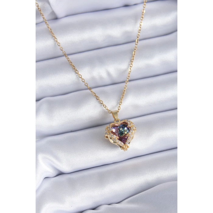 316L Çelik Gold Renk Zirkon Taşlı Kristal Kalp Model Kadın Kolye