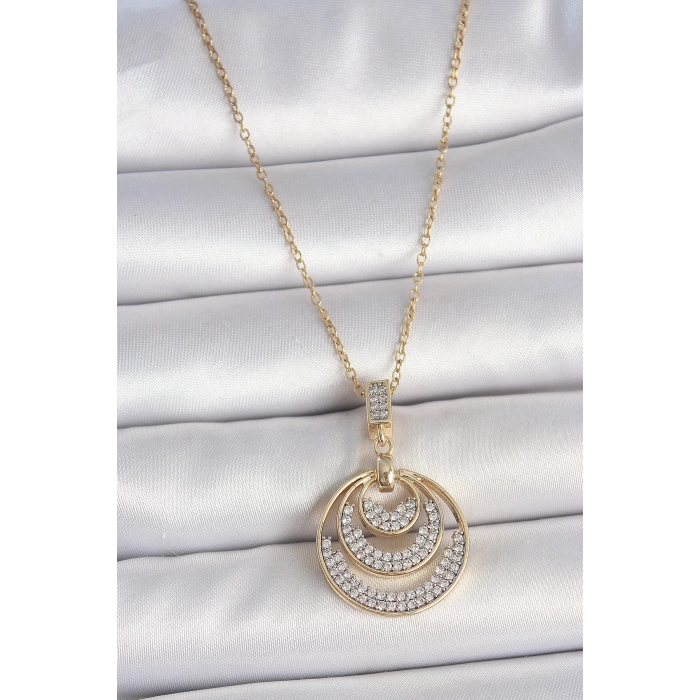 316L Çelik Gold Renk Zirkon Taşlı Madalyon Model Kadın Kolye