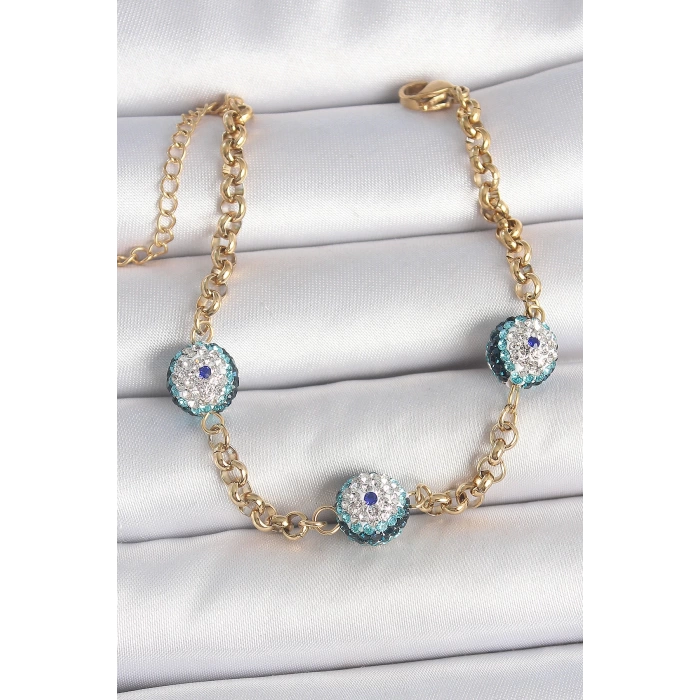 316L Çelik Gold Renk Zirkon Taşlı Nazar Boncuk Model Kadı Bileklik