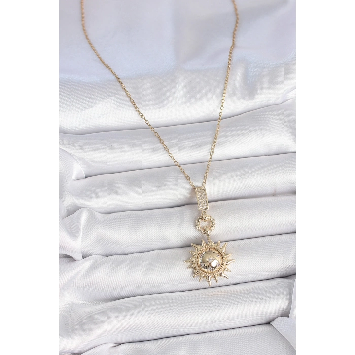 316L Çelik Gold Renk Zirkon Taşlı Sallantı Güneş Model Kadın Kolye
