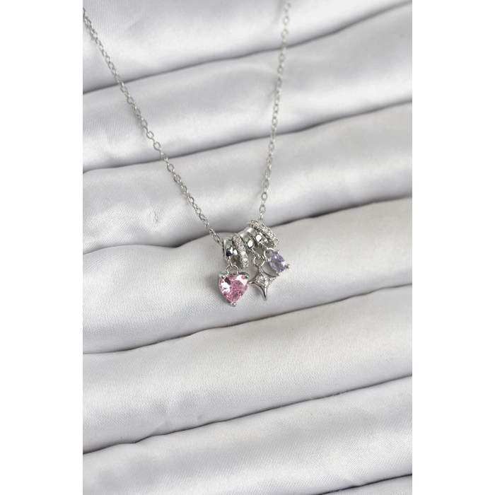 316L Çelik Gümüş Pembe Zirkon Taşlı Charmlı Kadın Kolye