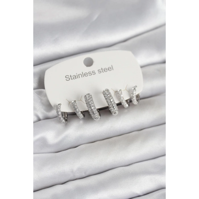 316L Çelik Gümüş Renk 6lı Set Zirkon Taşlı Halka Model Kadın Küpe