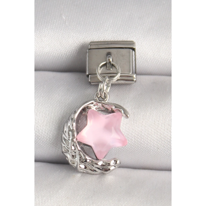 316L Çelik Gümüş Renk Hilal Pembe Mineli Yıldız Model Nomination Charm