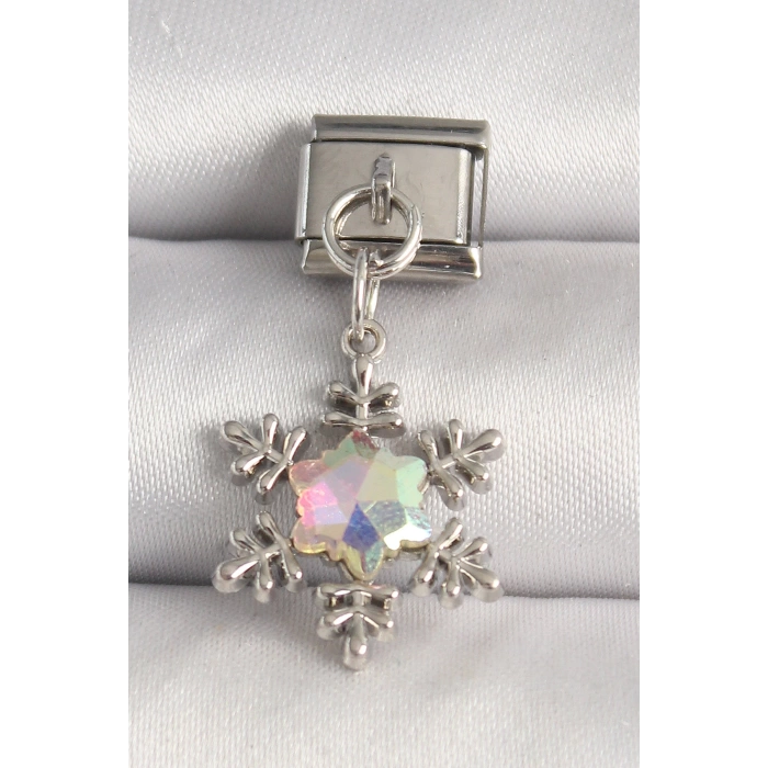 316L Çelik Gümüş Renk Hologram Mineli Kar Tanesi Model Nomination Charm