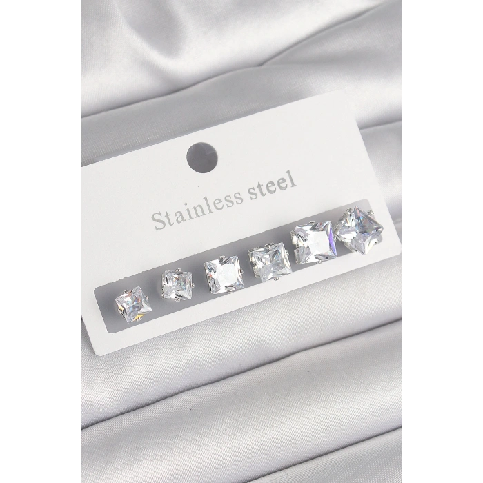 316L Çelik Gümüş Renk Kare Zirkon Taşlı Kadın Küpe Seti
