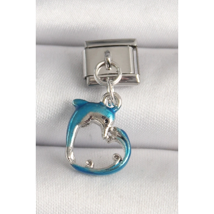 316L Çelik Gümüş Renk Mavi Yunus Model Nomination Charm