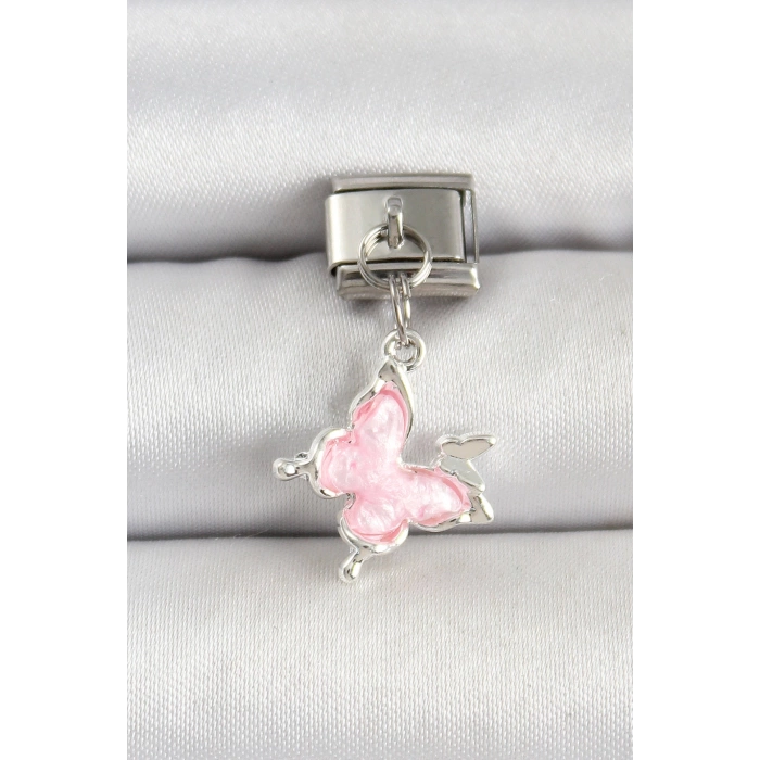 316L Çelik Gümüş Renk Pembe Kelebek Model Nomination Charm