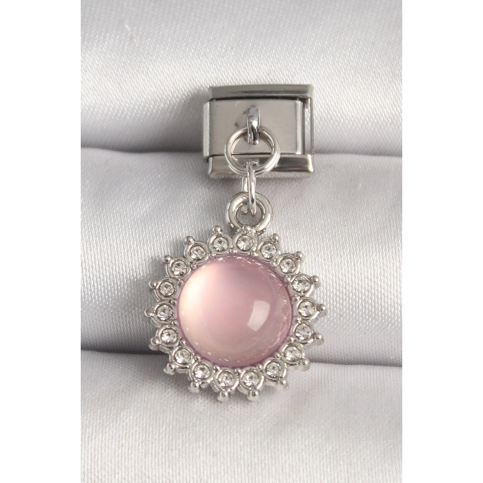 316L Çelik Gümüş Renk Pembe Mineli Zirkon Taşlı Güneş Model Nomination Charm