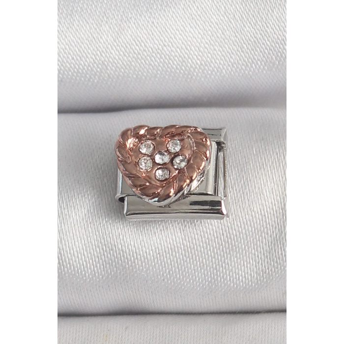 316L Çelik Gümüş Renk Zirkon Taşlı Bronz Kalp İşlemeli Nomination Charm