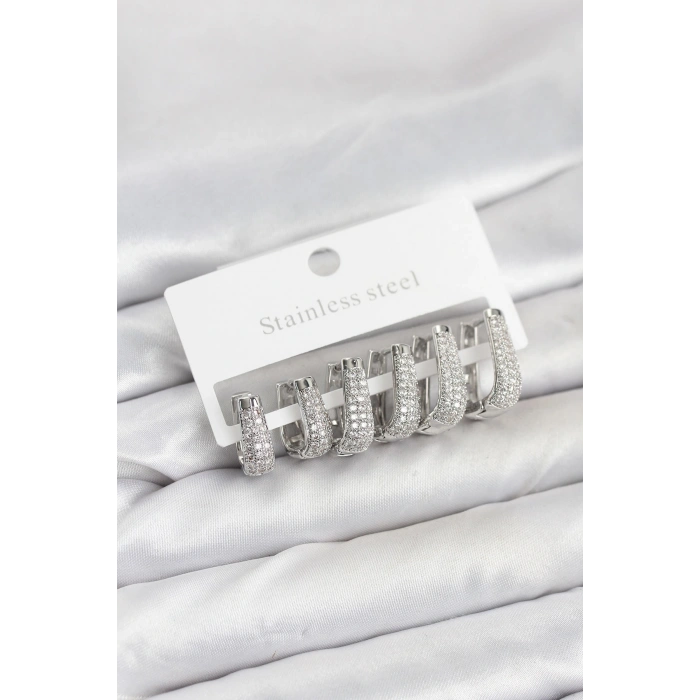 316L Çelik Gümüş Renk Zirkon Taşlı Damla Halka Küpe Seti