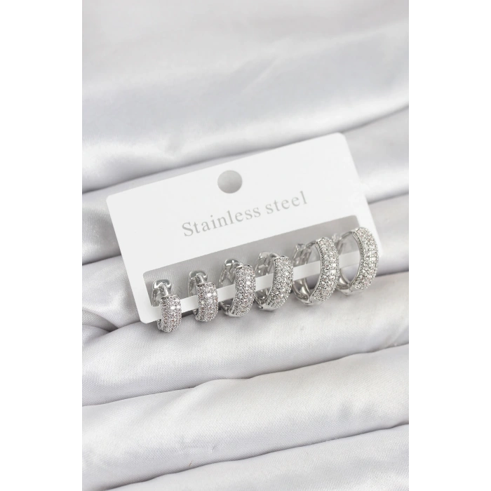 316L Çelik Gümüş Renk Zirkon Taşlı Halka Küpe Seti