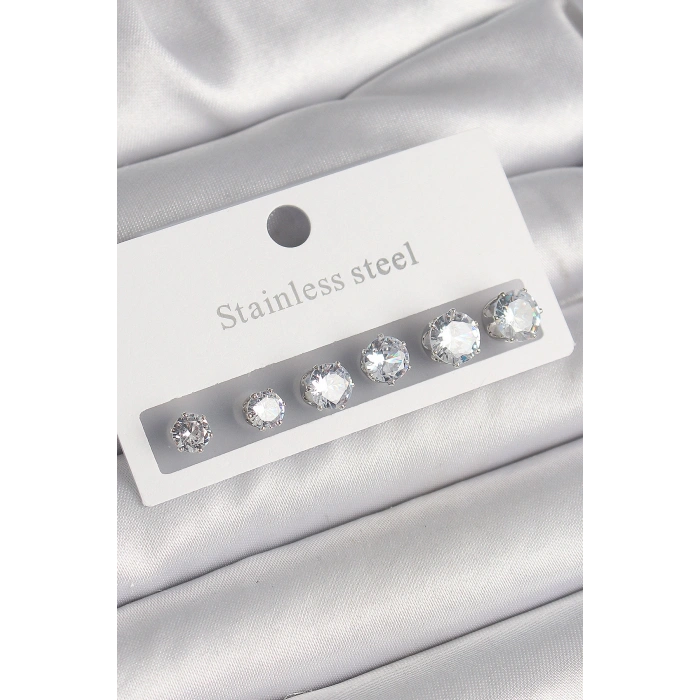 316L Çelik Gümüş Renk Zirkon Taşlı Kadın Küpe Seti