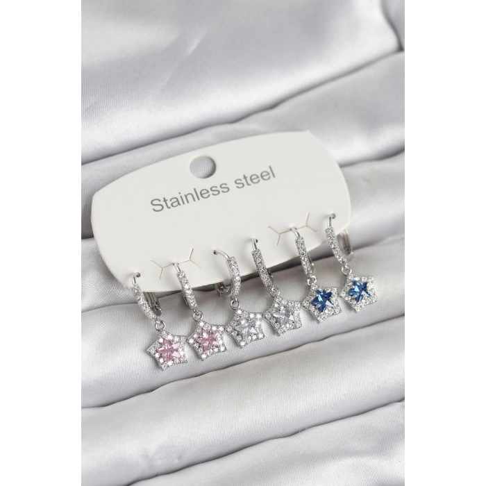 316L Çelik Gümüş Renk Zirkon Taşlı Yıldız Form 6lı Set Kadın Küpe