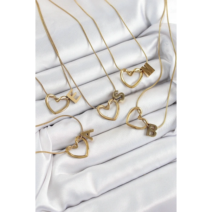 316L Çelik Kalp Detaylı Gold Renk Harf Kolye 24lü Paket Kolye