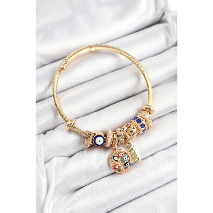 316L Çelik Lacivert Nazarlı Zirkon Taşlı İnci Detaylı Hayat Ağacı Model Gold Renk Charm Bileklik