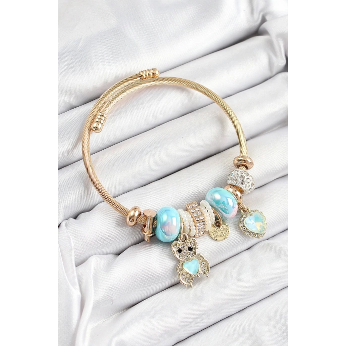 316L Çelik Mavi Zirkon Taşlı Ayıcık Ve Kalp Model Gold Renk Charm Bileklik