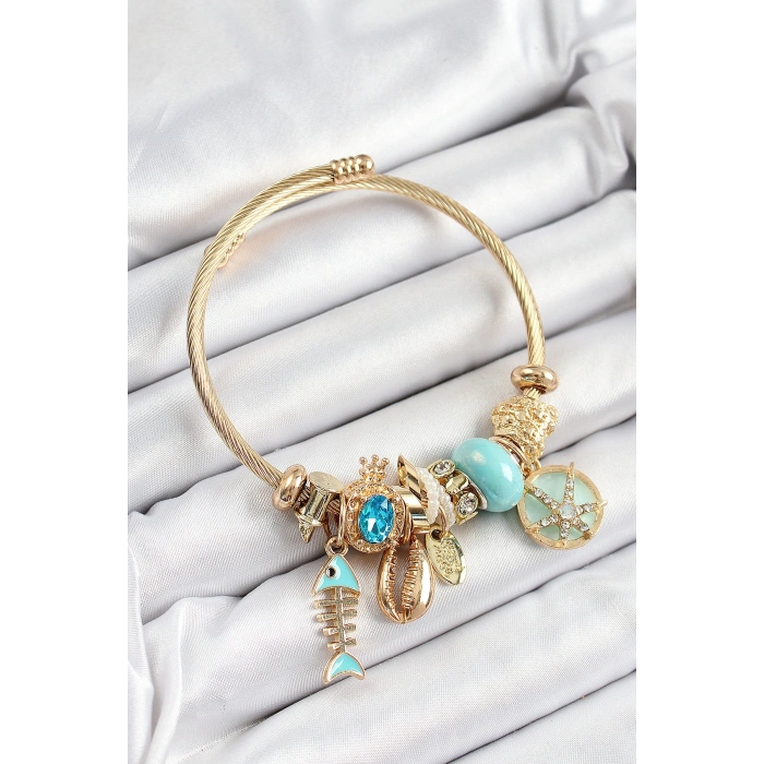 316L Çelik Mavi Zirkon Taşlı Balık Deniz Kabuğu Ve Deniz Yıldızı Model Gold Renk Charm Bileklik