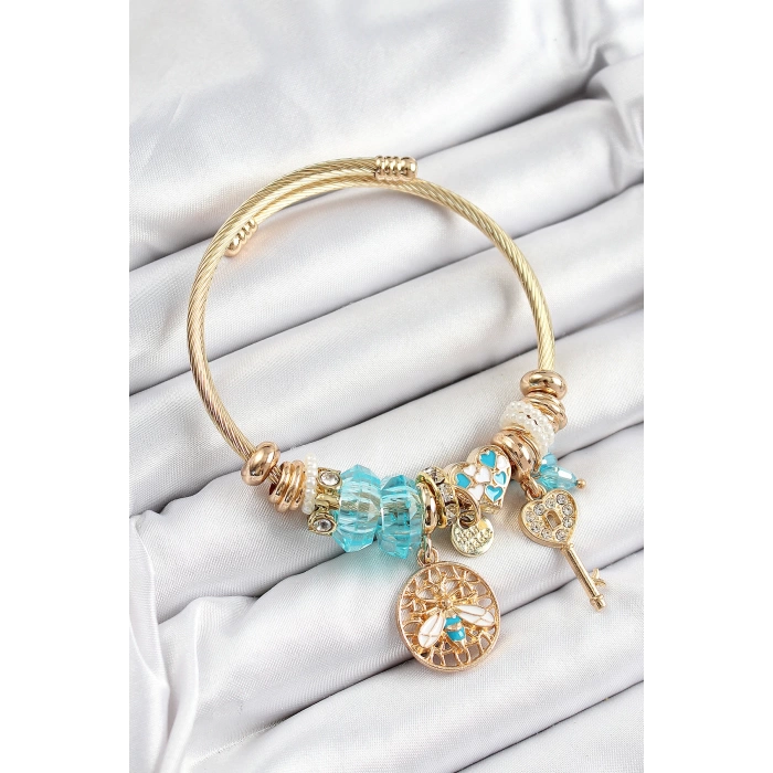 316L Çelik Mavi Zirkon Taşlı Baykuş Arı Ve Anahtar Model Gold Renk Charm Bileklik