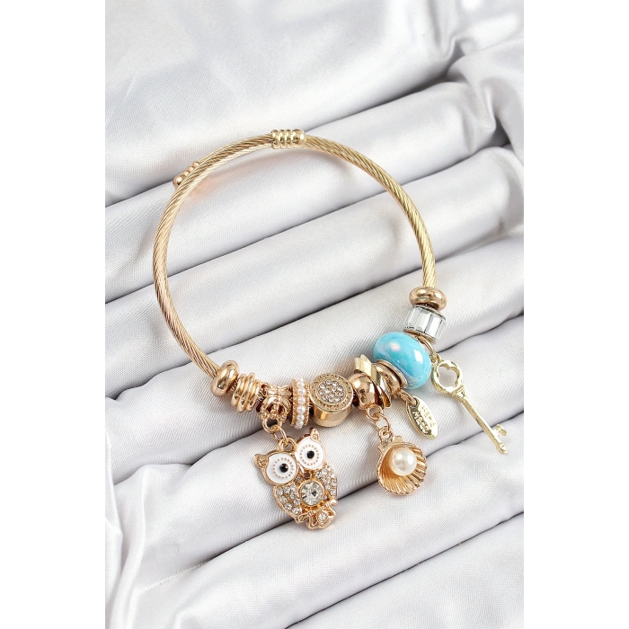 316L Çelik Mavi Zirkon Taşlı Baykuş İstiridye Ve Anahtar Model Gold Renk Charm Bileklik