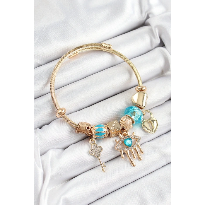 316L Çelik Mavi Zirkon Taşlı Kilit Göz Ve Anahtar Model Gold Renk Charm Bileklik