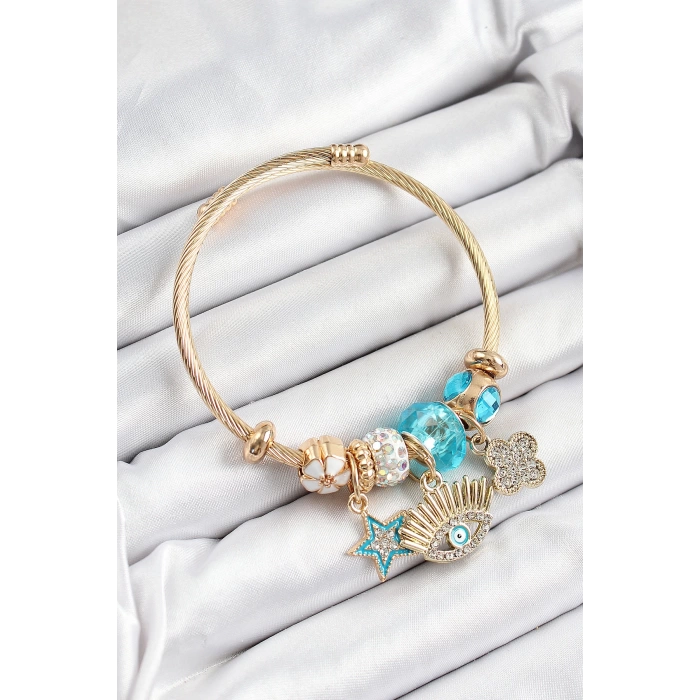 316L Çelik Mavi Zirkon Taşlı Yıldız Göz Ve Yonca Model Gold Renk Charm Bileklik