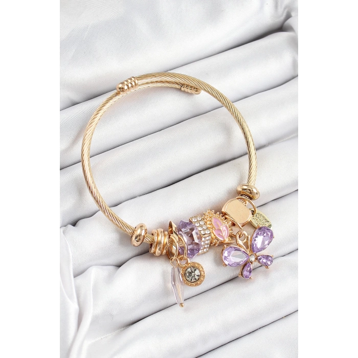 316L Çelik Mor Zirkon Taşlı Kelebek Model Gold Renk Charm Bileklik