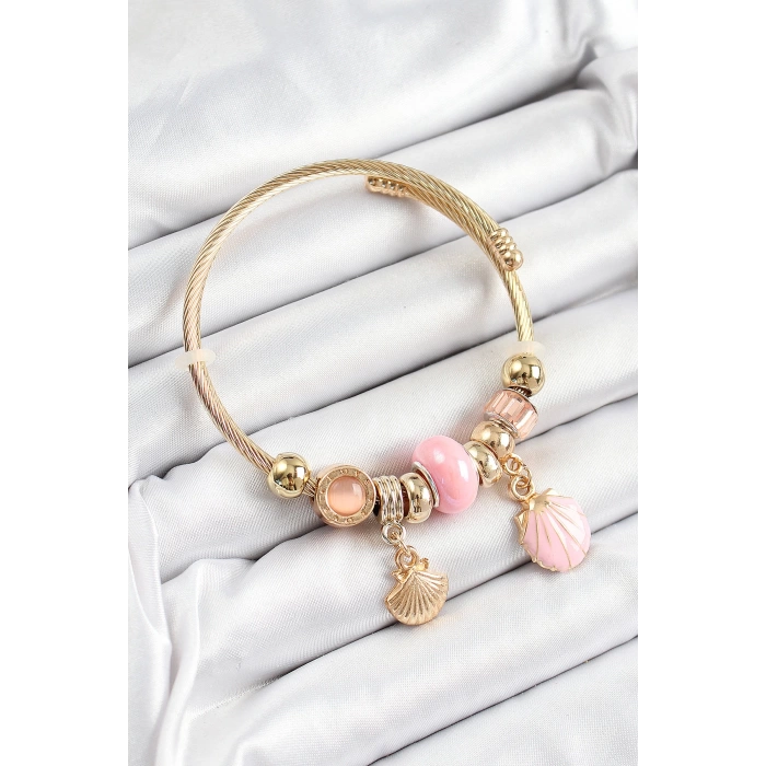 316L Çelik Pembe İstiridye Model Gold Renk Charm Bileklik