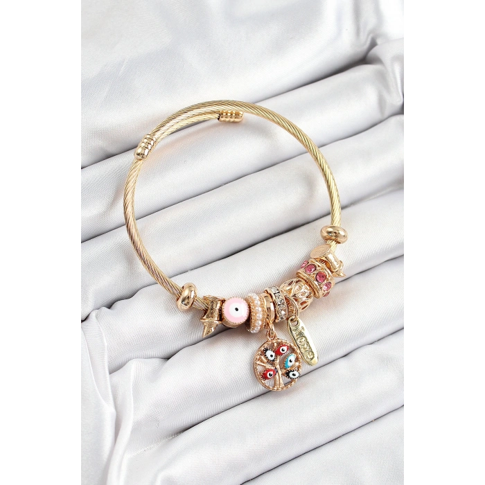 316L Çelik Pembe Nazarlı Zirkon Taşlı İnci Detaylı Hayat Ağacı Model Gold Renk Charm Bileklik