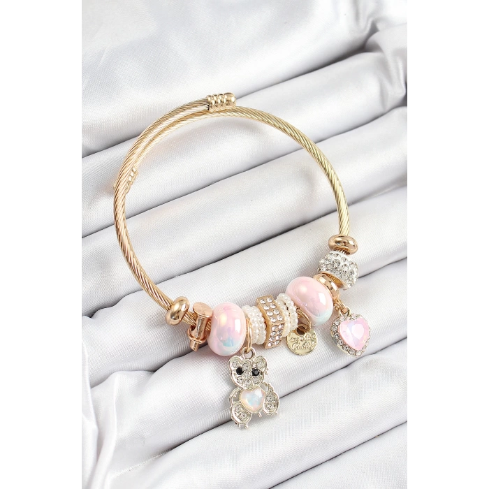 316L Çelik Pembe Zirkon Taşlı Ayıcık Ve Kalp Model Gold Renk Charm Bileklik