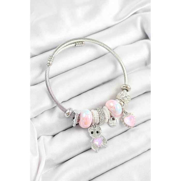 316L Çelik Pembe Zirkon Taşlı Ayıcık Ve Kalp Model Gümüş Renk Charm Bileklik