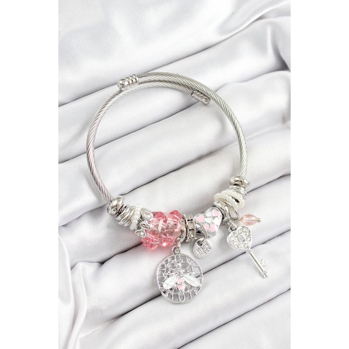 316L Çelik Pembe Zirkon Taşlı Baykuş Arı Ve Anahtar Model Gümüş Renk Charm Bileklik