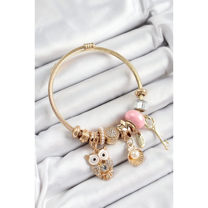 316L Çelik Pembe Zirkon Taşlı Baykuş İstiridye Ve Anahtar Model Gold Renk Charm Bileklik
