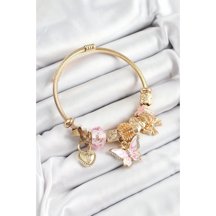 316L Çelik Pembe Zirkon Taşlı Kelebek Fiyonk Ve Kilit Model Gold Renk Charm Bileklik