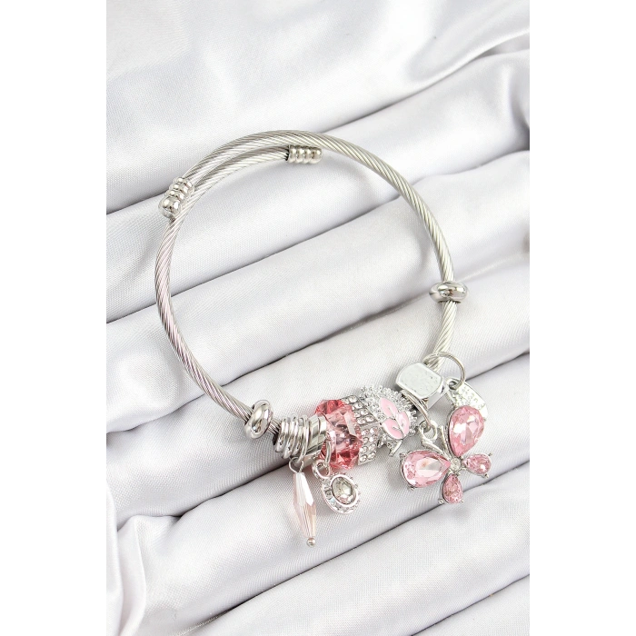 316L Çelik Pembe Zirkon Taşlı Kelebek Model Gümüş Renk Charm Bileklik