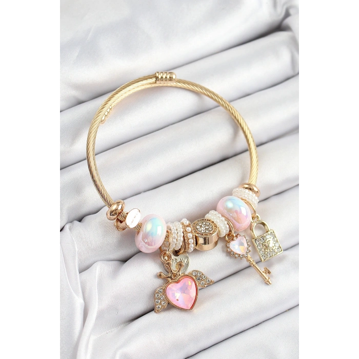 316L Çelik Pembe Zirkon Taşlı Kilit Anahtar Ve Kalp Model Gold Renk Charm BileklikCharm Bileklik