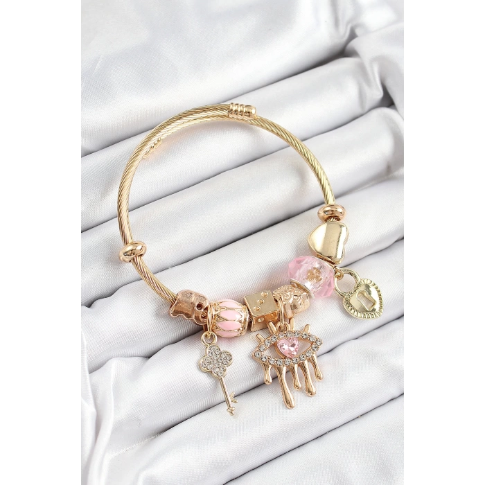 316L Çelik Pembe Zirkon Taşlı Kilit Göz Ve Anahtar Model Gold Renk Charm Bileklik