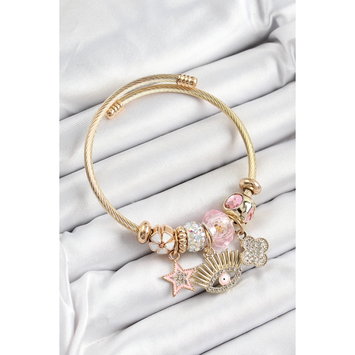 316L Çelik Pembe Zirkon Taşlı Yıldız Göz Ve Yonca Model Gold Renk Charm Bileklik