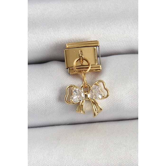 316L Çelik Sallantılı Zirkon Taşlı Fiyonk Model Gold Renk Nomination Charm