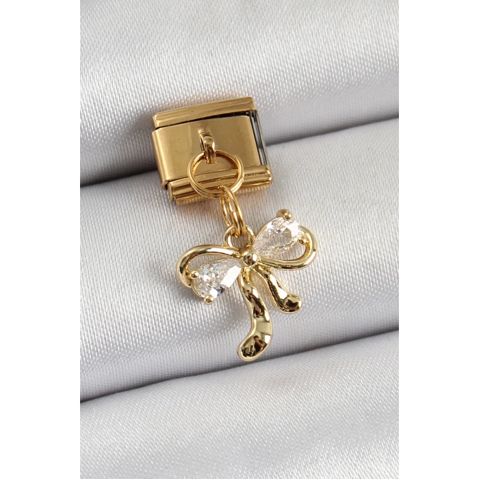 316L Çelik Sallantılı Zirkon Taşlı Fiyonk Model Gold Renk Nomination Charm