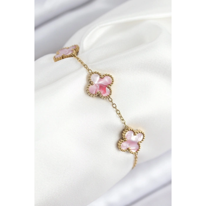 316L Çelik Sedefli Pembe Gold Renk Yonca Kadın Bileklik