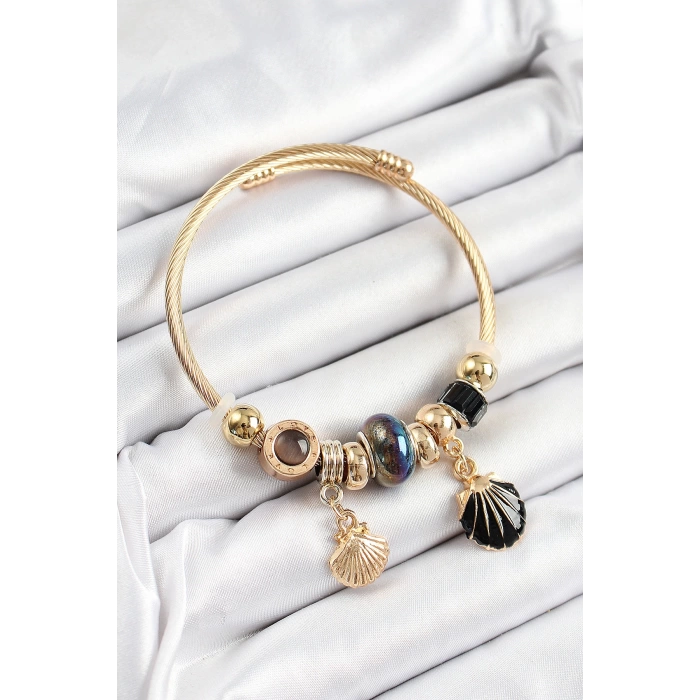 316L Çelik Siyah İstiridye Model Gold Renk Charm Bileklik
