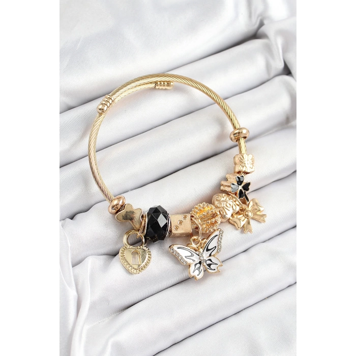 316L Çelik Siyah Zirkon Taşlı Kelebek Fiyonk Ve Kilit Model Gold Renk Charm Bileklik