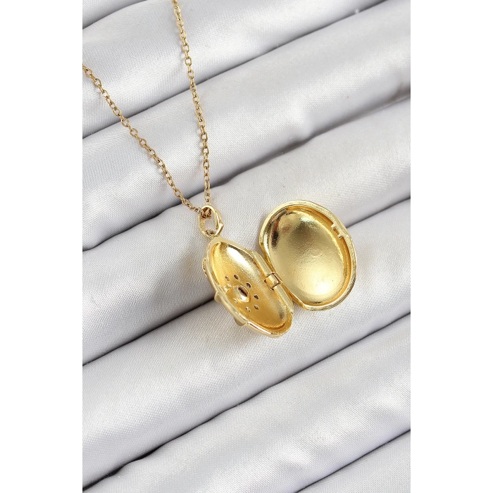316L Çelik Zincir Açılabilir Madalyon Model Zirkon Taşlı Gold Renk Kadın Kolye