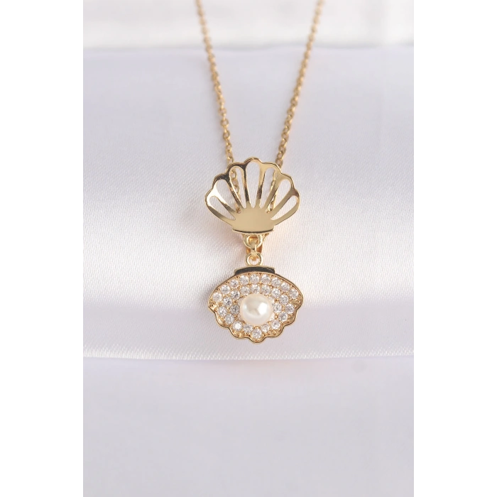 316L Çelik Zincir Altın Renk Zirkon Taşlı İnci Detay İstiridye Kolye