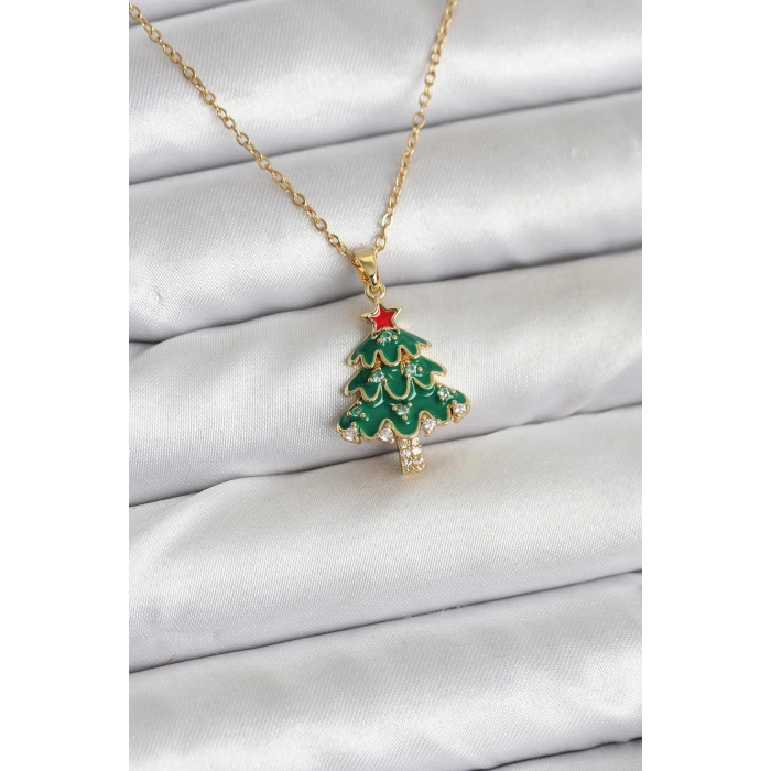316L Çelik Zincir Gold Renk Çam Ağacı Model Yılbaşı Temalı Kadın Kolye