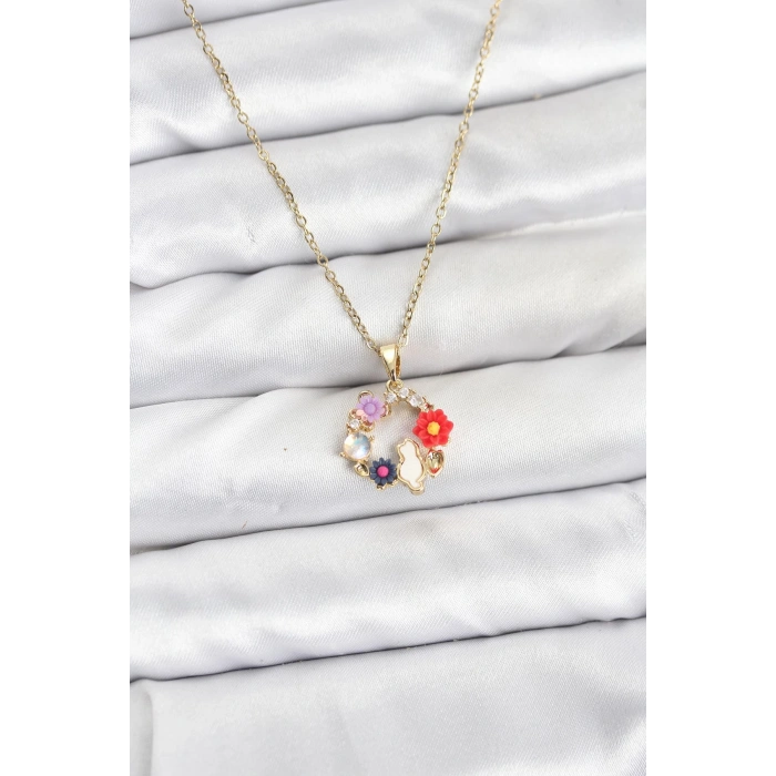 316L Çelik Zincir Gold Renk Çiçekli Kedili Model Kadın Kolye