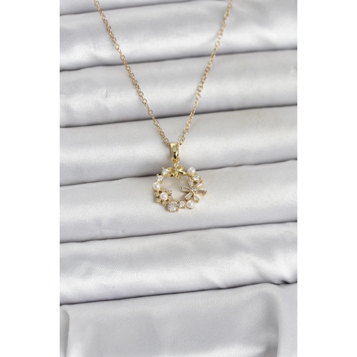 316L Çelik Zincir Gold Renk İncili Çiçek Model Kadın Koyle