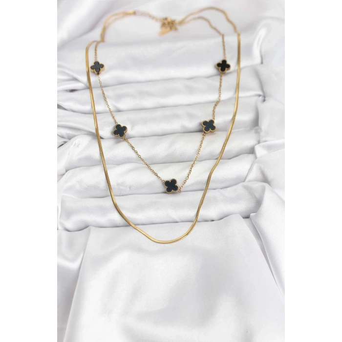 316L Çelik Zincir Gold Renk İtalyan Zincirli Siyah Yonca Model Kadın Kolye